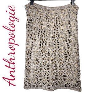 ANTHROPOLOGIE BETH BOWLEY Open Knit Nude Crochet Pencil Skirt,‎ Size Medium